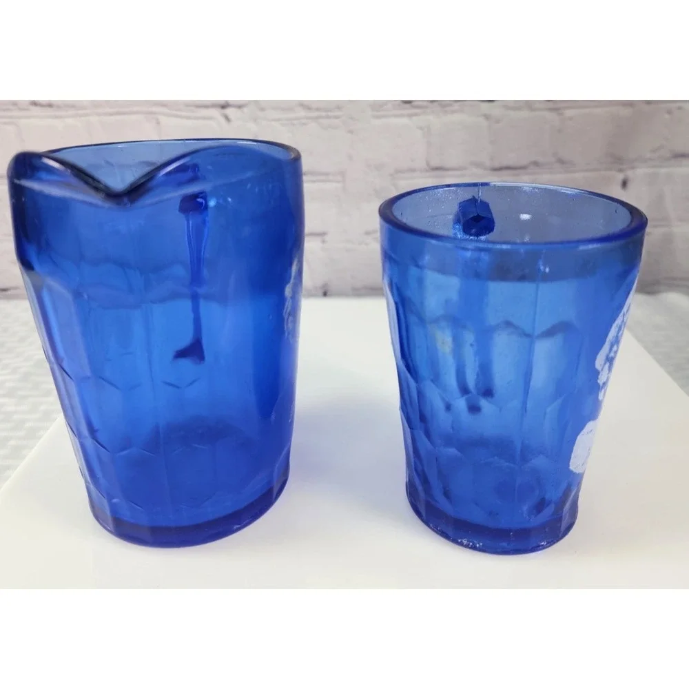 2 Cobalt Blue Depression Glass Pitcher Creamer Shirley Temple Image Hazel Atlas